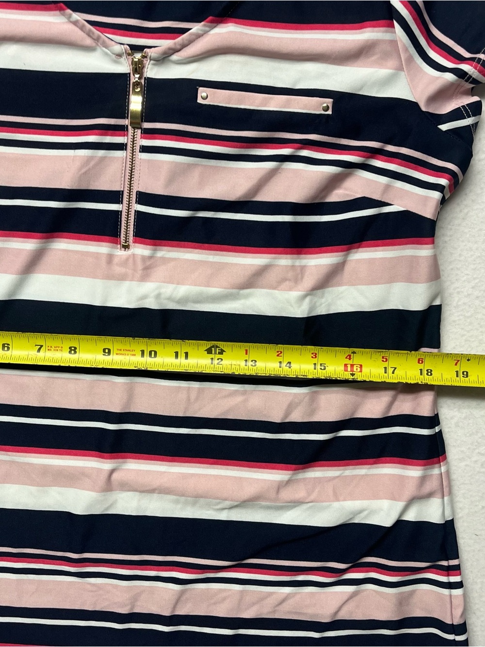 Roz & Ali Womens Pink/Blue Striped Short Sleeve Quarter Zip Top Size Large - Picture 4 of 8
